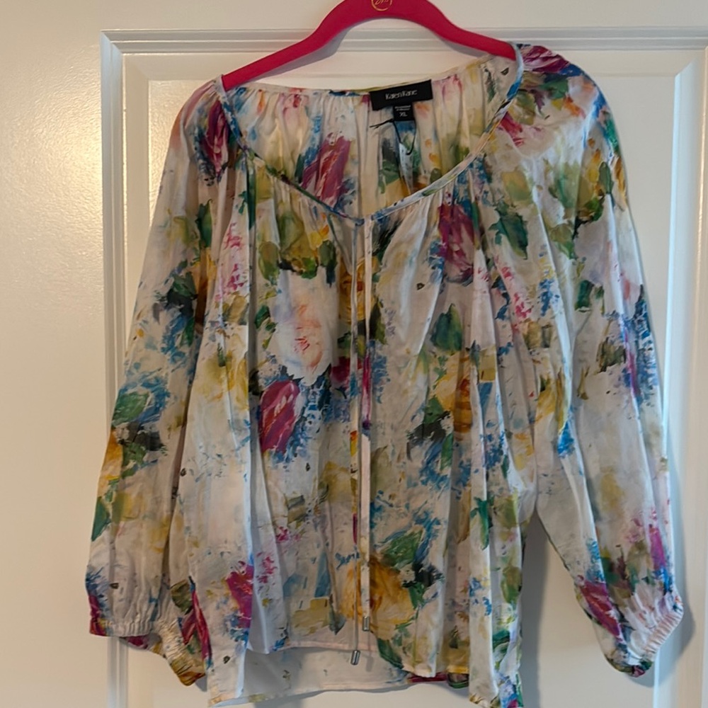 Karen Kane Pink and Yellow Tie Front Blouse with 3/4 Sleeves